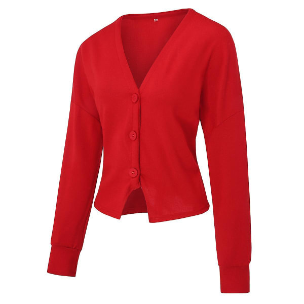 Bomuld Dame V-hals Fashion Design Løs ensfarvet Casual Cardigan 15 farver Red L
