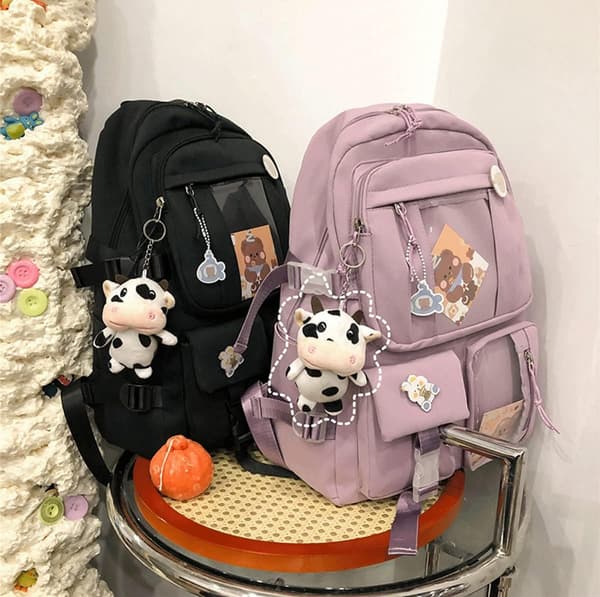 Cute All-Purpose Backpack, Large Capacity Waterproof School Bag, with Cute Charm, Black