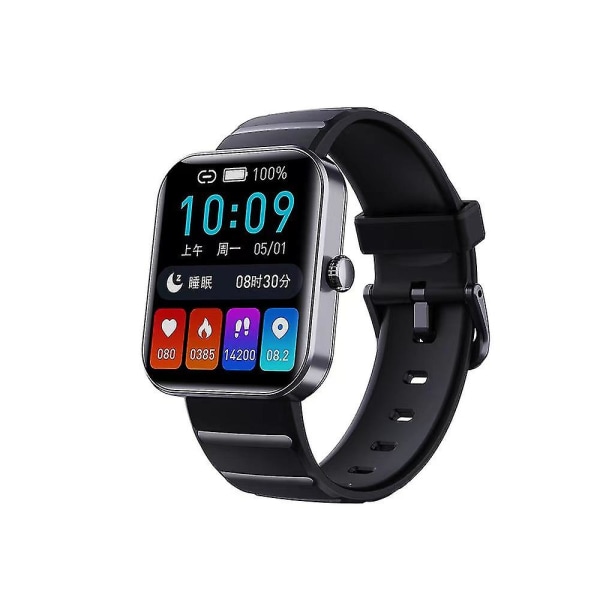 Ikke-invasiv blodsukkertest Smart Watch, Full Touch Health Tracker Ur med blodtryk, Blodilt sporing, Søvnovervågning Black Silicone