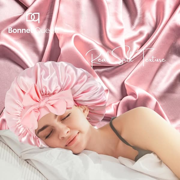 Silkehårhætte til søvn med hårbånd, silkehårhætte til krøllede lange fletninger, pink