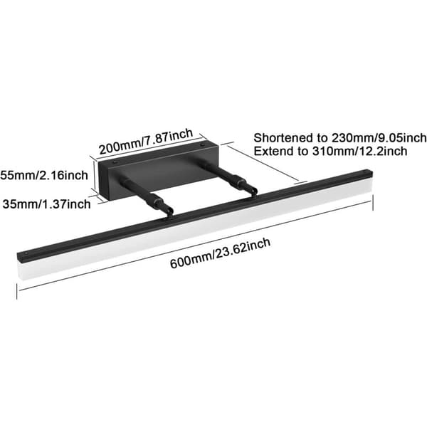 60cm LED Mirror Light, 14W 3000K 910LM, IP44 Bathroom Wall Lamp with Adjustable Head, Black - Energy Class A+