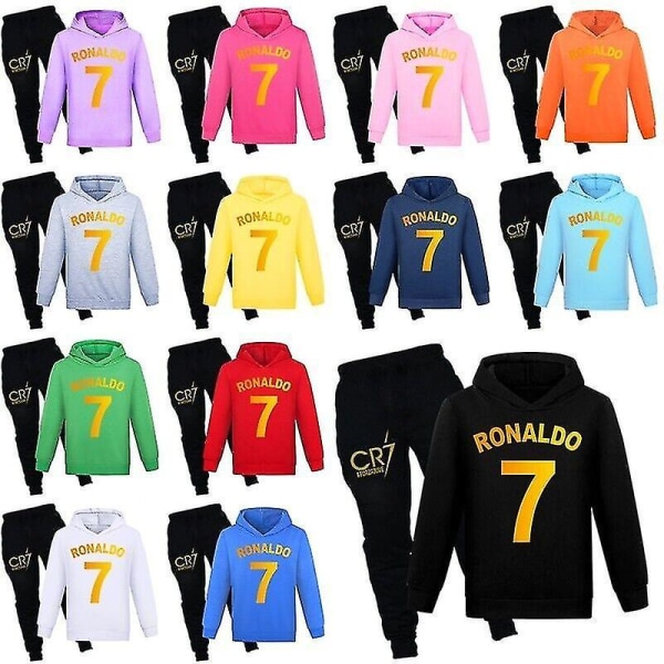 Børn Drenge Ronaldo 7 Print Casual Hættetrøje Træningsdragt Sæt Hoody Top Bukser Suit 2-14 år Yellow 140CM 9-10Y