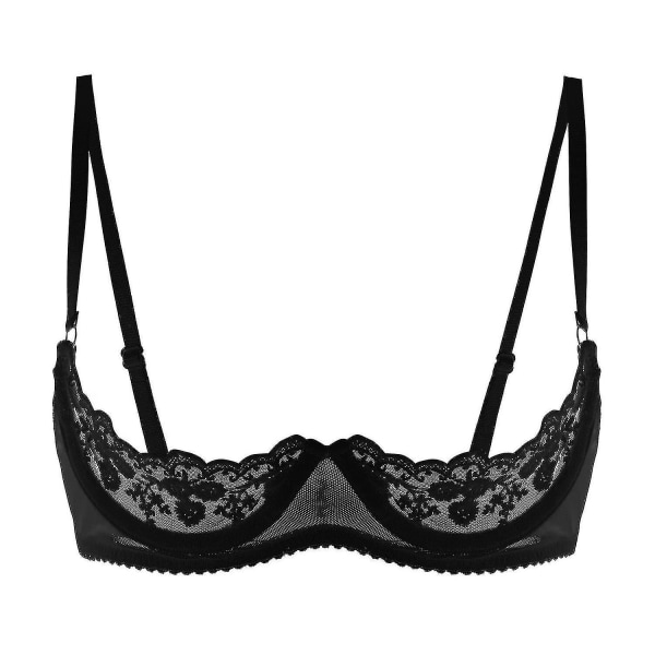 Dam Push-up BH med Spets och Underwire, 1/2 Cup, Öppen Bröstkopp, Justerbara Remmar, Svampfyllda, Lingerie Black B 4XL