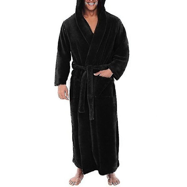 Mænds Fleece Hættetrøje Lang Blød Badekåbe Black M