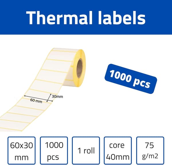 MDlabels Hvide Termiske Etiketter Rulle - 60 x 30mm - 1000 Styk - Permanent Lim til Stregkoder, Hvide Selvklæbende Etiketter til Mærkning