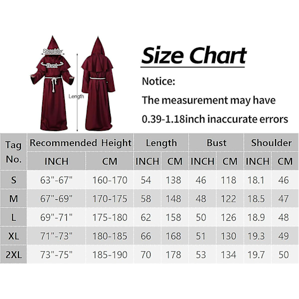 Unisex Aikuisten Keskiaikainen Takki Puku Munkki Huppu Takki Viitta Friar Pappi Noita Halloween Tunika Puku 3kpl Burgundy X-Large