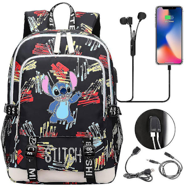 Stitch Rejsetaske, Skoletaske Med USB Opladning, Oxford Rygsæk Til Lilo Og Stitch Fans, Teenagers Laptop Taske, Ideel Fødselsdagsgave Taske 5