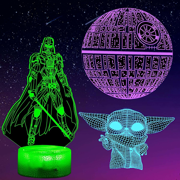 Stjerne Natlys Wars 3D Lampe Star Wars Lampe 3 Mønstre 3D Natlys Gave til Børn Drenge 7 Farver Skiftende Star Wars-d-WELLNG Star Wars Combo-paket