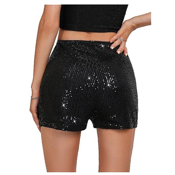Damshorts med paljetter, hög elastisk midja, glittriga festbyxor S