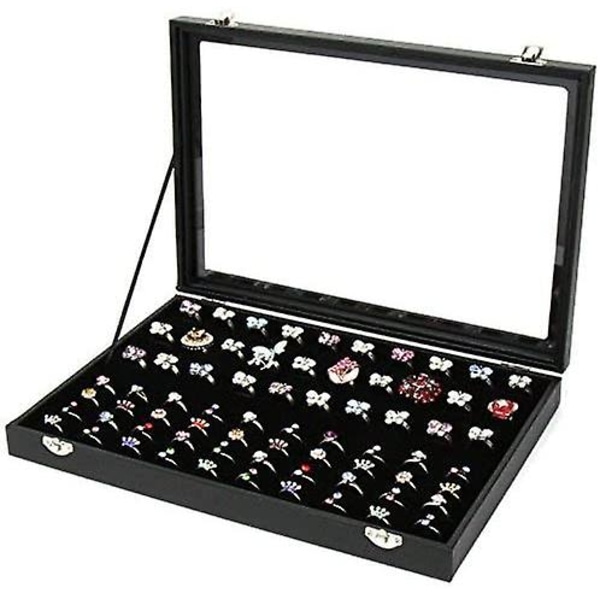 Ringhållare, sammetsklädd med genomskinligt lock, 100 fack, smyckesorganisator, förvaringslåda, displayfodral