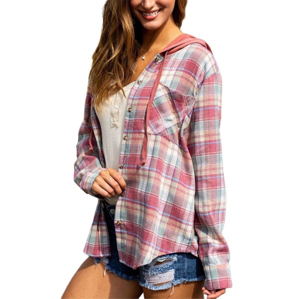 Dame Plaid Langærmet Skjorte Casual Hættetrøje Knappet Jakke Red XXL
