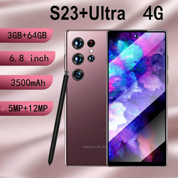 Mobiltelefoner S23+ultra 4g smarttelefon 6,8-tommers HD Dobbelt standby-kortspor 3+64g minne 2600mah batteristøtte Forlengelse 128g ansiktslås