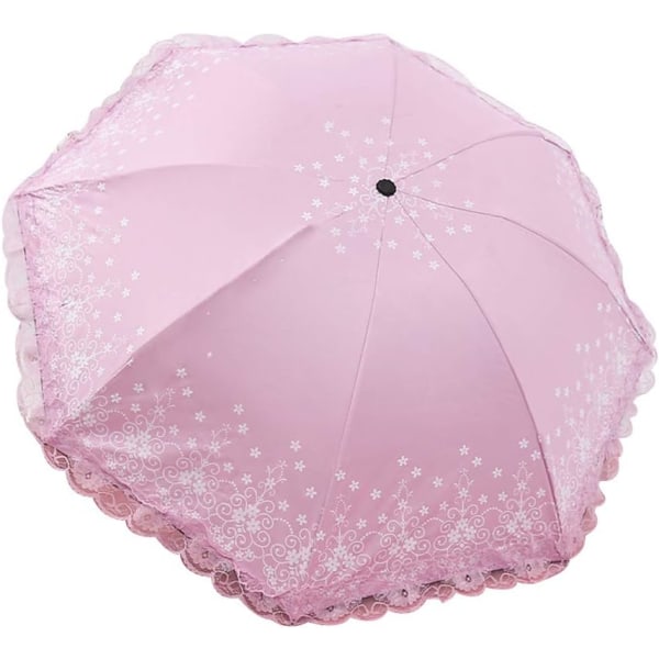 Mini solparaply Enkel ensfarvet blondestil bærbar solrig og regn Kompakt sammenklappelig paraply med dobbelt anvendelse Anti-uv Lady Girl udendørs paraply (pink)