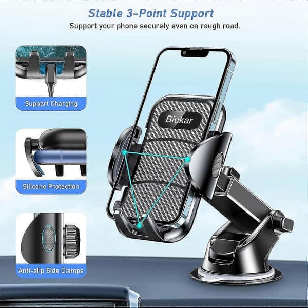 Blukar Car Phone Holder - 360° Adjustable Mount for Dashboard, Windshield & Air Vent, One-Button Release, Super Stable 4-in-1 Design