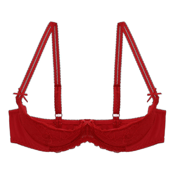 Dam Push-up BH med Spets och Underwire, 1/2 Cup, Öppen Bröstkopp, Justerbara Remmar, Svampfyllda, Lingerie Red  C XXL