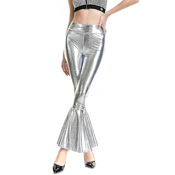 Kvinnors Flared Byxor Mermaid Wide Leg Byxor Hippie Metallic Byxor_fs Silver XL