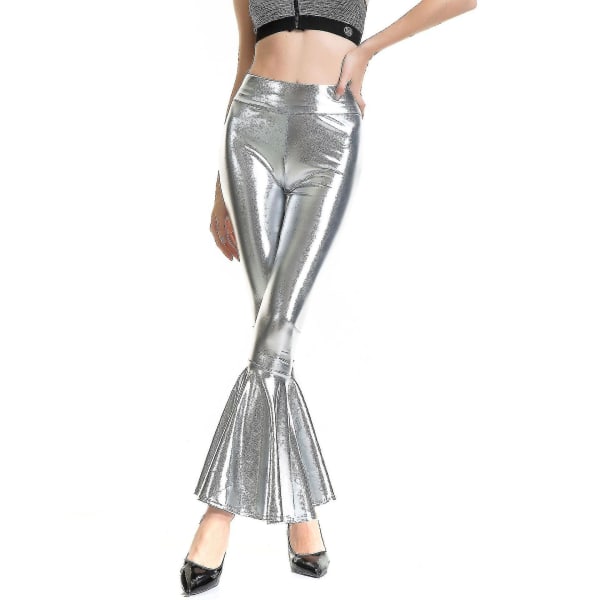 Utsvängda byxor för kvinnor Mermaid Wide Leg Byxor Hippie Metallic Pants_fs Silver M