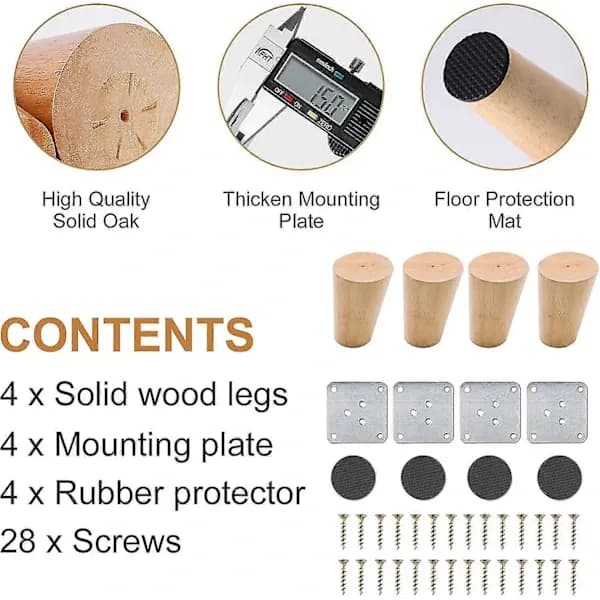 Sett med 4 tremøbelben, 8 cm erstatningssofaben med tilbehør (skrå design)
