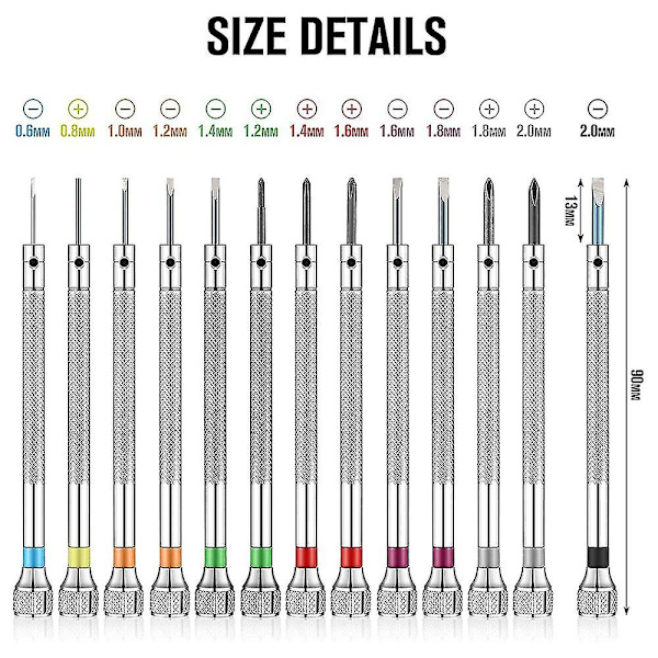 13-delad Mini Urverksskruvmejsel Set för Smycken, 0,6-2,0 mm med 13 Extra Utbytbara Blad