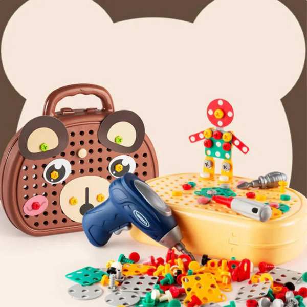 Pedagogisk leksak Set Byggklossar med borr & 203 delar - barngåva för finmotorik, kreativitetsutveckling och lärande yellow
