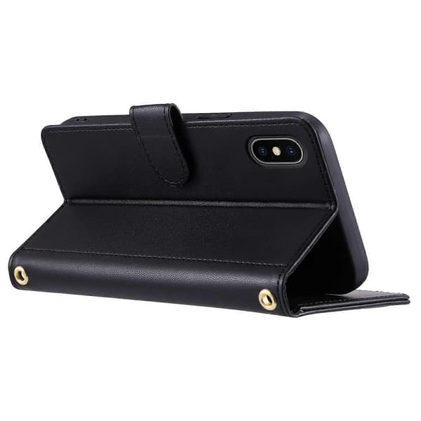 Læder Wallet Case med Stropper Rhombus Grid Telefon Cover til iPhone XS Max Black Black