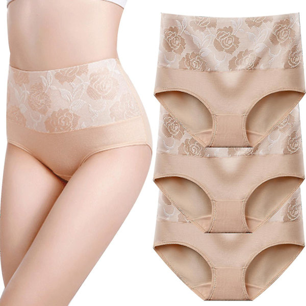 8-pakks Truser i Bomull Høy Midje Magekontroll Truser Dame Rose Jacquard Dametruser khaki-3pcs L