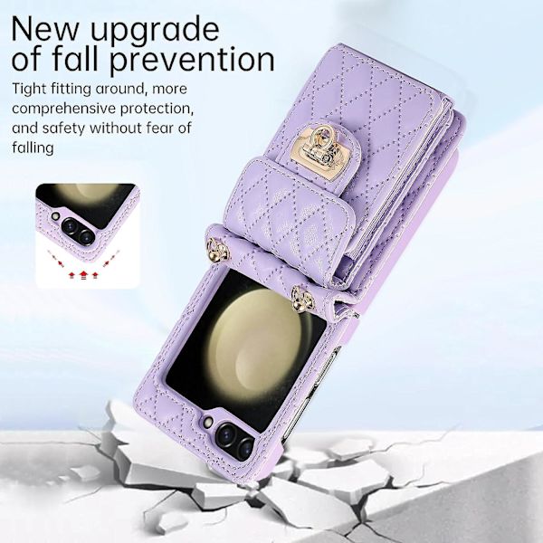 Galaxy Z Flip 5 Lompakko Kotelo, Olkahihna Pehmeä Nahkakotelo Samsung Galaxy Z Flip 5:lle 6 Korttipaikalla Purple