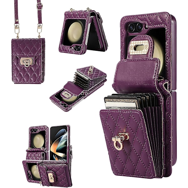 Galaxy Z Flip 5 Fodral, Crossbody Mjukt Fodral Kompatibelt med Samsung Galaxy Z Flip 5 Med 6 Kortplatser Dark Purple