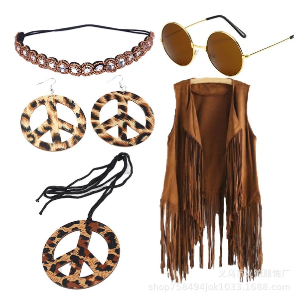 Hippiekostymesett, 60-talls 70-talls hippiekostymetilbehørsett, inkluderer kvastvest og Boho pannebånd og øredobber og solbriller, ermeløs frin A3