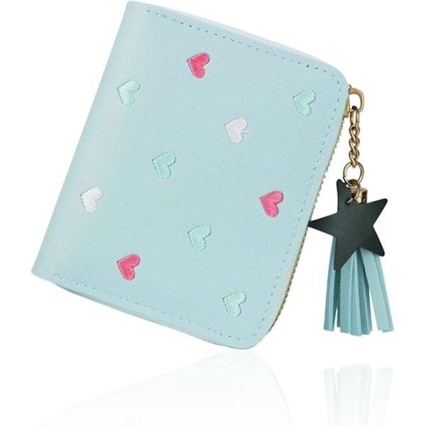 Women's Wallet with Star Pendant, PU Leather Wallet with Card Slots, Solid Color Wallet with Embroidered Heart Pattern (Blue)