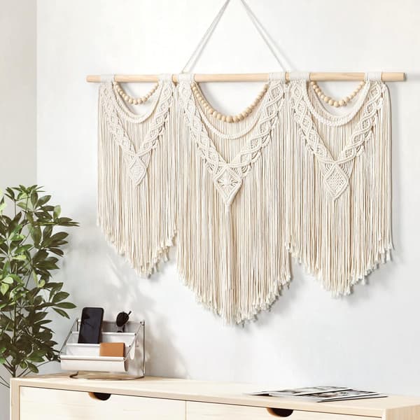 Makramé väggbonad stor boho chic vävd gobeläng blad tofs konstgjord bomullsrep bohemisk makramé väggdekor för sovrum vardagsrum hem bakgrund