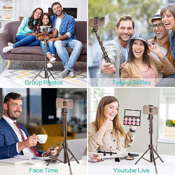 1,6 m telefonstativ og Bluetooth selfie-stick-stativ, telefonstativ med Bluetooth-fjernbetjening