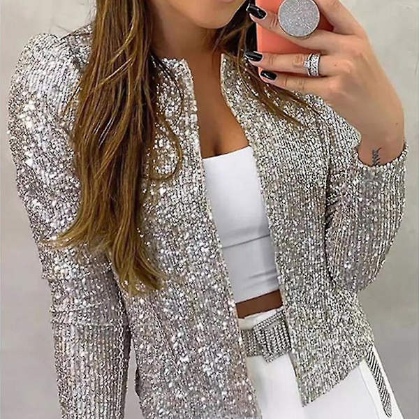 Kvinners Cardigan Lang Erme Skinnende Sekvensjakke Åpen Front Casual Damejakke Black L