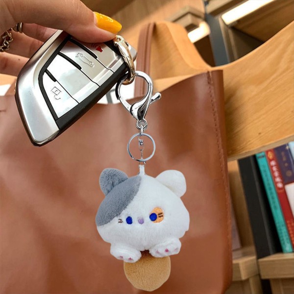 Katt plysj nøkkelring anheng Innebygd squeaker fett kropp Anime Kattunge plysj Dekorative myke utstoppede dyr Doll Leketøy Nøkkelring Charms Ryggsekk dekorasjon Grey & White