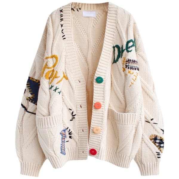 Stickad kofta med broderi för kvinnor, V-ringad design Off white