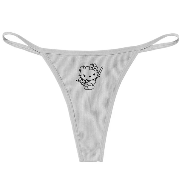 Hellokitty Ren Bomull Tunn Rem Sexig Stringtrosa Låg Midja Sömlös Anime Tecknad Kuromi Underkläder för Kvinnor Enkla Ribbade T-trosor GRÅ 4 GREY 4 L