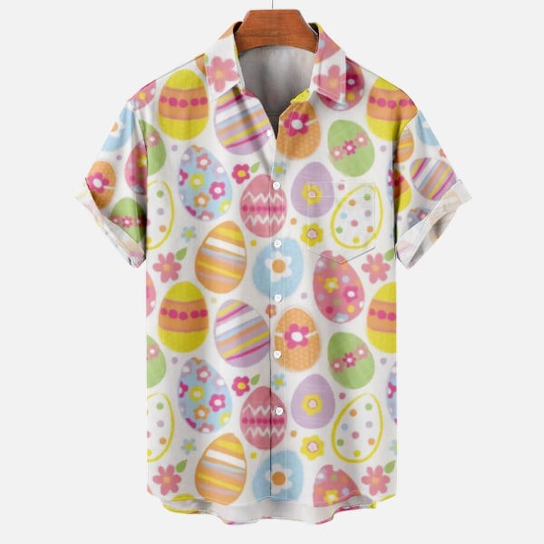 Men Casual Buttons Easter Printing With Pocket Turndown Short Sleeve Shirt Blouse NUO0238