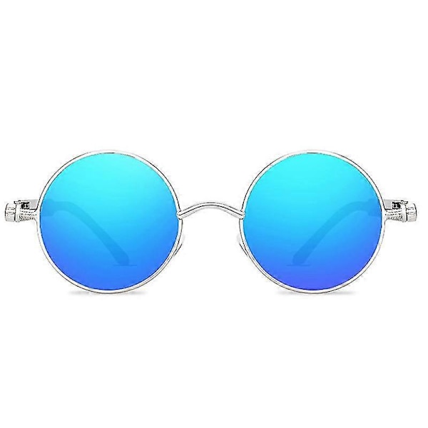 Vintage-polarisaatiolla varustetut pyöreät steampunk-aurinkolasit miehille, tyylikäs Db Silver Frame Ice Blue Lenses