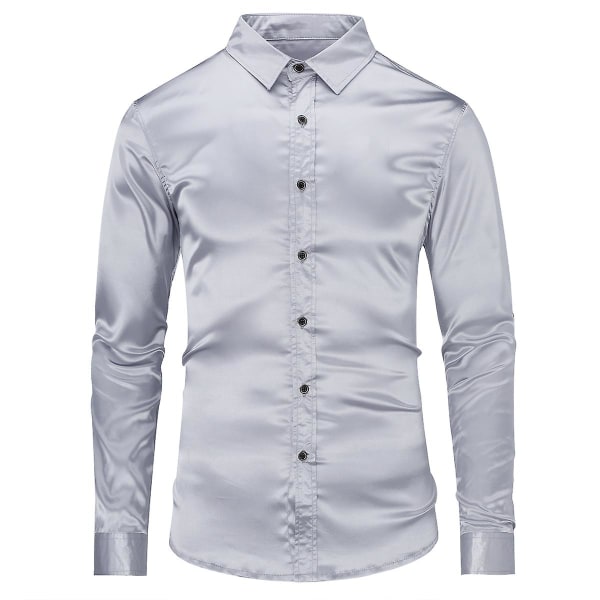 Sliktaa Casual Mode för män glänsande långärmad Slim-Fit formell skjorta Gray 2XL