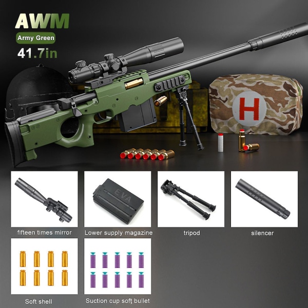 Amw/98k Gun Sniper Rifle Myk Bullet Gun Shell Ejecting Blaster Barnelekesett, 100 % nytt Army green