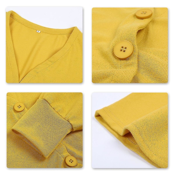 Bomull Dame V-hals Mote Design Løs Ensfarge Casual Cardigan 15 farger Yellow 3XL