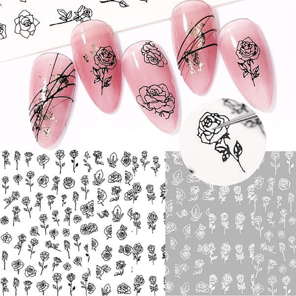 3D självhäftande svartvita rosnagelstickers fransk ihålig blomma nagelkonstdesign manikyr DIY nageldekoration (6 ark)