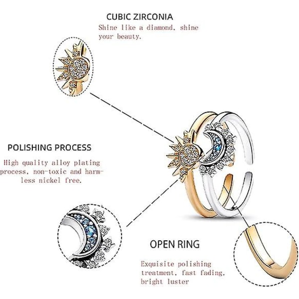 1 Par Celestial Sol og Måne Ringsett, Vennskaps Løfte Ring, Sol og Måne Matchende Ringer, Glitrende Sol Måne Åpen Ring, Valentinsdag Smykkegave Size 9