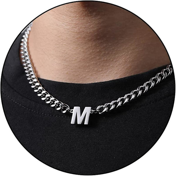 Initial A-z Cuban Link Kæde Halskæde Til Drenge Mænd Kvinder Bogstav Vedhæng Rustfrit Stål 6,5 mm 18+2 Tommer Smykker Gave Silver M