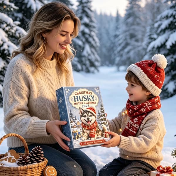 Adventskalender 2026 Hund Akrylprynt Gaveeske 24 Rom - 24 dagers julenedtelling - samlebare hundefigurer