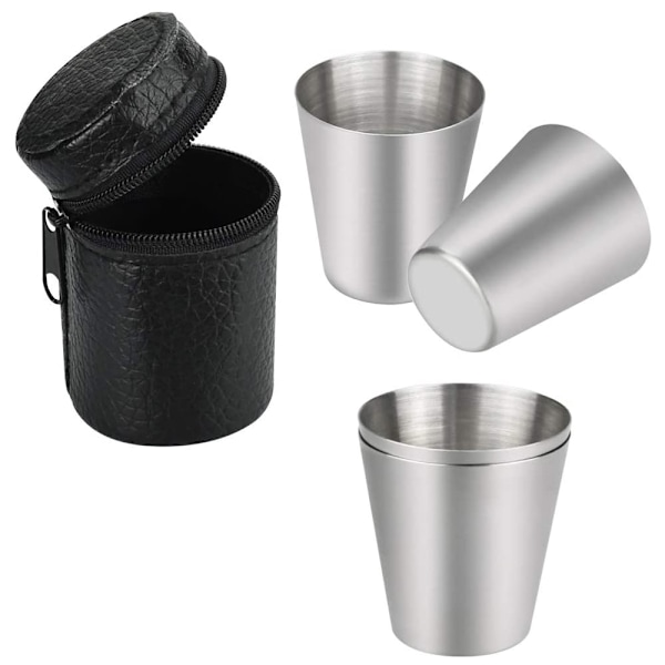 Pack of 4 small stainless steel cups with case for outdoor use