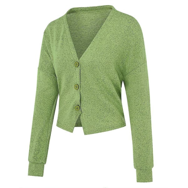 Bomull Dame V-hals Mote Design Løs Ensfarge Casual Cardigan 15 farger Apple Green L