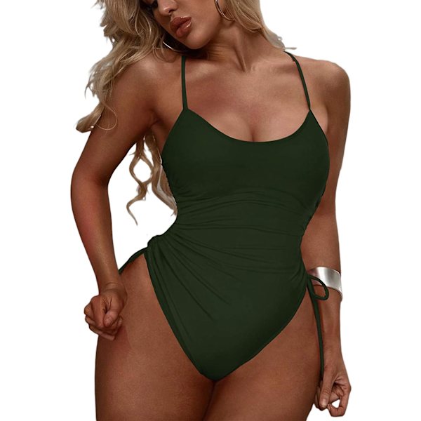Dame Badetøy med Rynket Høy Utskåret Endelt Badetøy Magekontroll Monokini Bikini Army green M