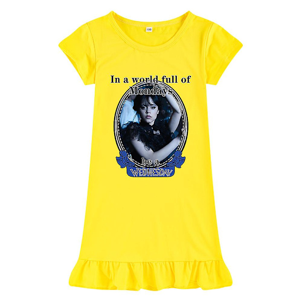 Pigebørn Wednesday Addams Trykt The Addams Family Tema Søvnkjole Kortærmet Sommer Rundhals Løstsiddende yellow 140