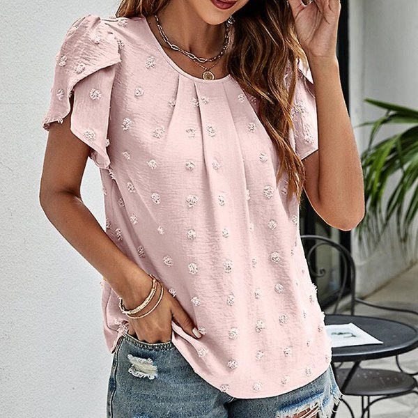 Dame T-skjorte Chiffon topper med rund hals Polka Dots Tunika Bluse Uformell T-skjorte med kronbladermer Pink M